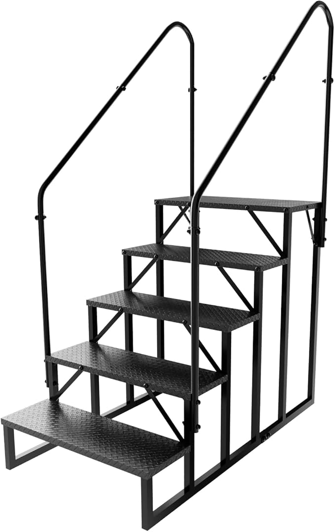 RV Steps with 2 Handrails, Hot Tub Steps Outdoor, 5 Step Ladder Stool, RV Stairs with Anti-Slip Panel, Camper Steps for Spa, Travel Trailers, Pool and Porch