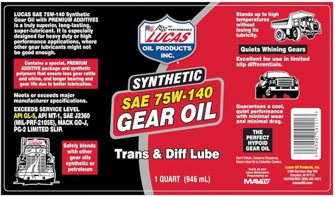 Lucas Oil 10121-12 75W140 Synthetic Transmission and Diff Lube - 1 Quart - Case of 12
