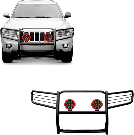 Black Horse Grille brush Bumper Guard Modular Black Come With pair of 7.0"Dia.LED Lights with Red Trim Rings Compatible with 2005-2010 Jeep Grand Cherokee-17A080200MA-PLR