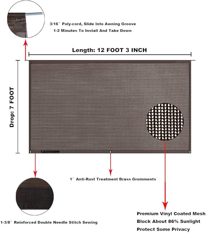 Tentproinc RV Awning Sun Shade Screen 7' X 12' 3'' (Fit for 13' Awning) Mesh Sunshade for RV Awning Sunscreen Motorhome Camping Trailer Awning Screenshade Block UV Glare - 3 Year Warranty (Brown)
