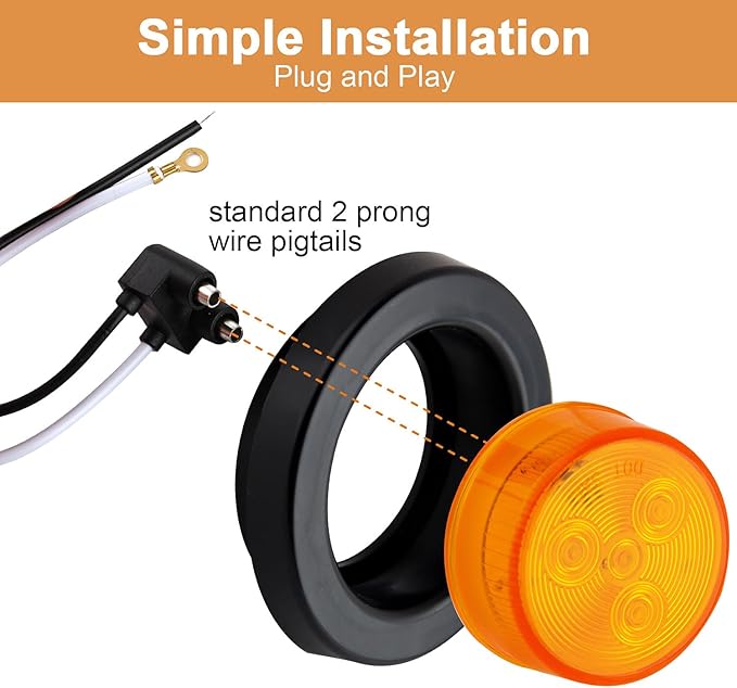 16Pcs 2" Inch Round Amber LED Trailer Side Marker Lights 4 LED, 2" Round Led Trailer Clearance Marker Lights with Grommets Wire Pigtail for Truck RV Flush Mount Waterproof Sealed