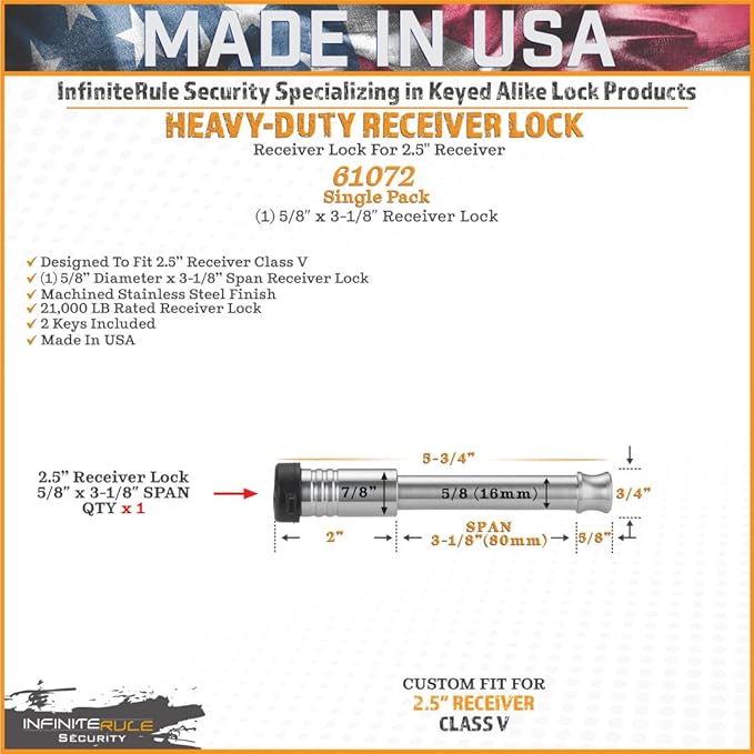 2.5" Receiver Hitch Lock - Heavy-Duty Stainless Steel Anti-Theft Lock for Trailers, RVs & UTVs - Made in USA