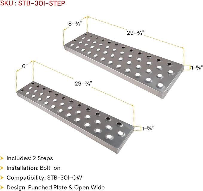 Mytee Products Aluminum Steps Replacement Part for 30" Wide Saddle Tool Box – 2 Pc Set, 12-Gauge Punched Plate Design, Bolt-On Installation, Anti-Slip Grip, Solid Welded Seams, Corrosion Resistant