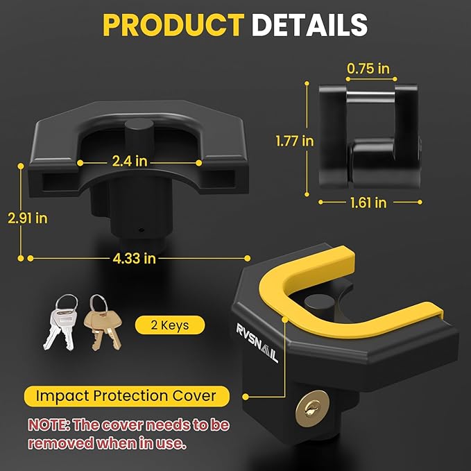 Trailer Hitch Locks Kit - Heavy-Duty Hitch Lock for 2" Couplers with Straight Lips, Anti-Theft Steel Core Lock with Keys for RV, Camper, Trailer, Boat, Caravan