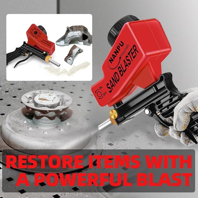 NANPU Air Sand Blaster Gun with Gravity Feed - Metal Nozzle, Plastic Body | for Paint, Rust Removal, and Glass Etching | Versatile for Aluminum, Sand, Walnut Shells, and Soda Blasting Applications