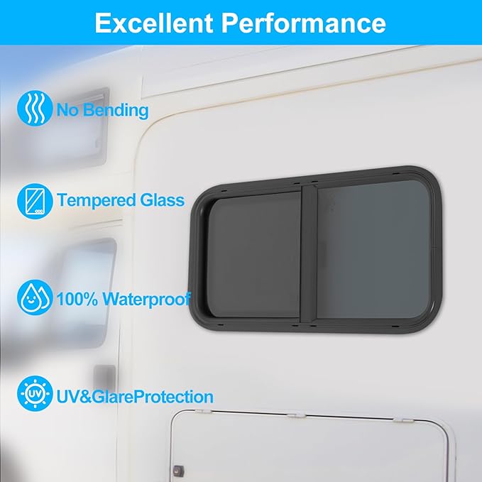 30" W x 15" H RV Window Horizontal Sliding, DOT Certified - Shatterproof Tempered Tinted Glass, with Net Screen and Trim Ring, Teardrop Replacement Trailer Camper Window