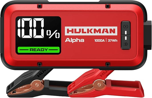 Hulkman Alpha,Ultra Red,1000A 37Wh Jump Starter, Lightweight, Stylish,12V Jump Box with Jumper Cables,45-Min Full Recharge,24-Month Standby,3-Step Easy Start,IP65,LED Display,for 6.5L Gas/3.0L Diesel