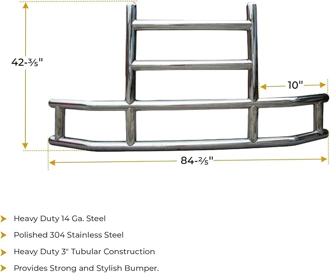 Mytee Products Medium Model Deer Grille Guard Compatible for T660 (2022) with Brackets - 84-2/5"x10"x42-3/5" Heavy Duty Polished Stainless Steel Grille Guard for Trucks