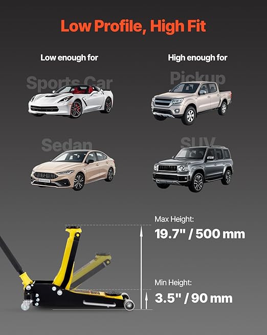 VEVOR 3 Ton Low Profile , Aluminum and Steel Racing Floor Jack with Dual Pistons Quick Lift Pump for Sport Utility Vehicle, Lifting Range 3-6/11"-19-11/16", yellow,black