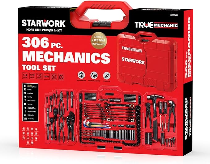 STARWORK TRUE MECHANIC 306-Piece Mechanics Tool Set and Socket Set, Comprehensive Tool Kit, Automotive Repair Tool Set, Professional