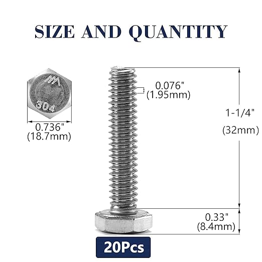 1/2-13 x 1-1/4" Hex Head Screw Bolt, 20Pcs 18-8 (304) Stainless Steel, Fully Threaded, Plain Finish, by SG TZH