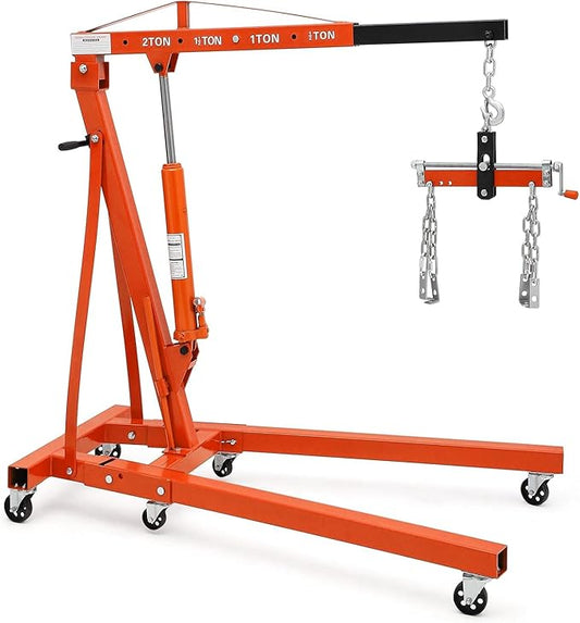 2 Ton Folding Hydraulic Engine Hoist with Telescoping Boom 6 Caster Wheels, 4400 Lb Shop Crane Hoist Lift for Garage, Workshop, Orange