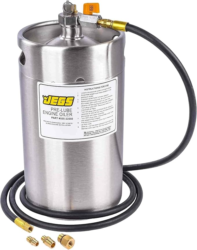 JEGS Pre-Lube Engine Oiler | 2-Gallon Stainless Steel Tank | Made In USA | Large Easy-to-Fill Cap | 75 Lbs Safety Blow-Off Valve | 8 ft. Chemical Resistant Hose w/Swivel End