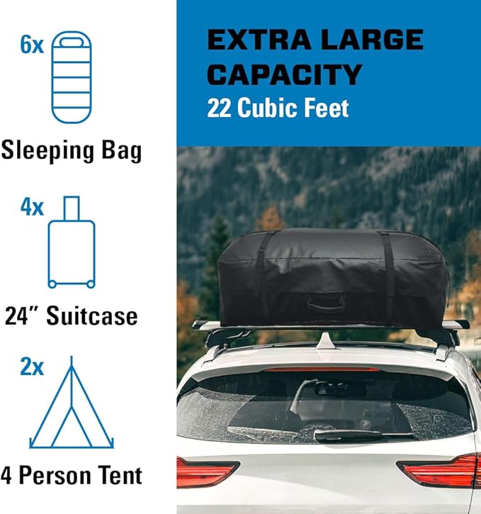 Reese 59007 Waterproof Rooftop Cargo Carrier Bag for Cars, SUVs or Trucks with/Without Roof Racks, 22 Cubic Feet, Heavy Duty 840D Abrasion-Resistant PVC Fabric with Anti-Slip Mat