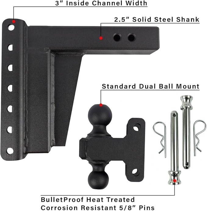 BulletProof Hitches - 2.5" Adjustable Extreme Duty Trailer Hitch (36,000 lb. Rating) - 8" Drop/Rise with 2" and 2 5/16" Dual Ball - Powder Coat, Solid Steel, Corrosion-Resistant