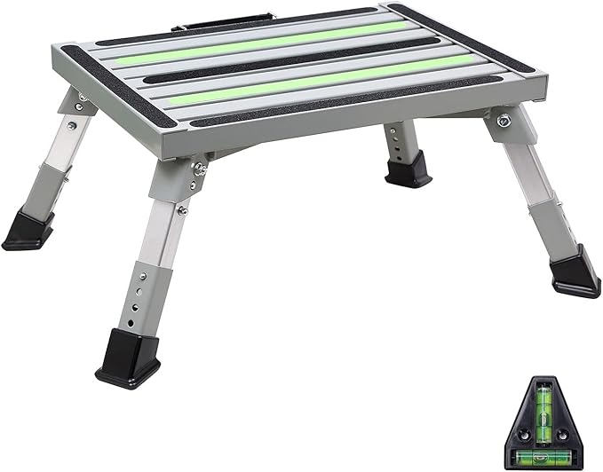 Homeon Wheels Iron RV Steps Adjustable Folding Step Stool with Non-Slip Rubber Feet, Stable Platform Supports 1000bs, Safety Strips, Handle, Easy Carry, Outdoor Camper Trailer Travel - Gray