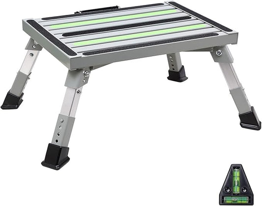 Homeon Wheels Iron RV Steps Adjustable Folding Step Stool with Non-Slip Rubber Feet, Stable Platform Supports 1000bs, Safety Strips, Handle, Easy Carry, Outdoor Camper Trailer Travel - Gray