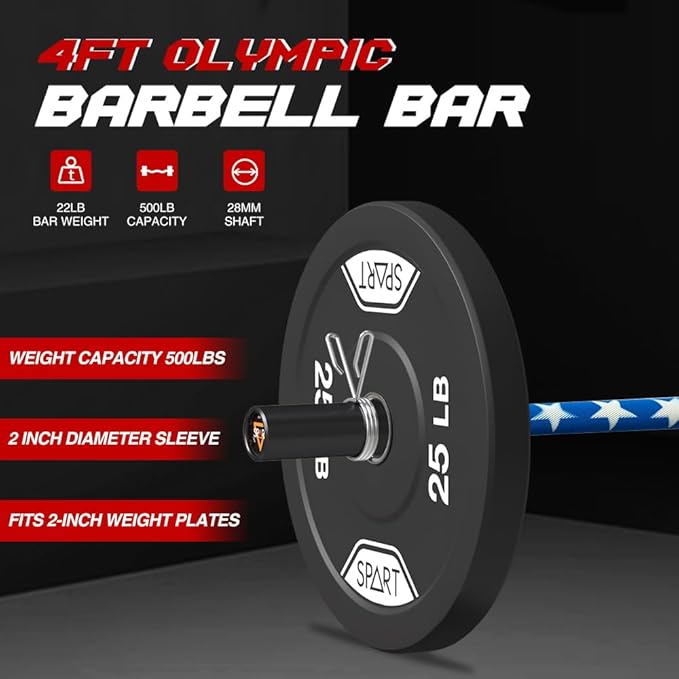 4FT Olympic Barbell Bar, 47Inch Straight Weight Bar with 2 Collars, Solid Olympic Bar with Bearings, 500Lbs Capacity Weightlifting Bar for Home Gym Strength Training, Suitable for 2 Inch Plates