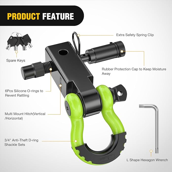 Nilight Anti-Theft Shackle Hitch Receiver 2Inch 45000 LBs Breaking Strength 3/4" Anti-Theft D Ring Shackle 5/8" Trailer Hitch Lock Pin Heavy Duty Solid Towing Kit for Trucks Off Road(Green&Black)