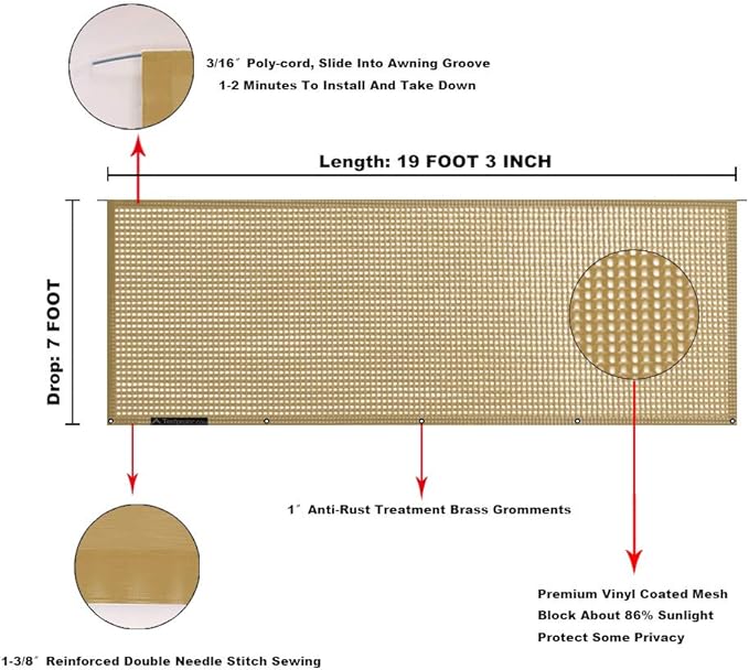 Tentproinc RV Awning Sun Shade Screen 7' X 19' 3'' (Fit for 20' Awning) Mesh Sunshade UV Blocker Complete Kits Motorhome Camping Trailer Awning Sunscreen Canopy Shelter - 3 Year Warranty (Beige)