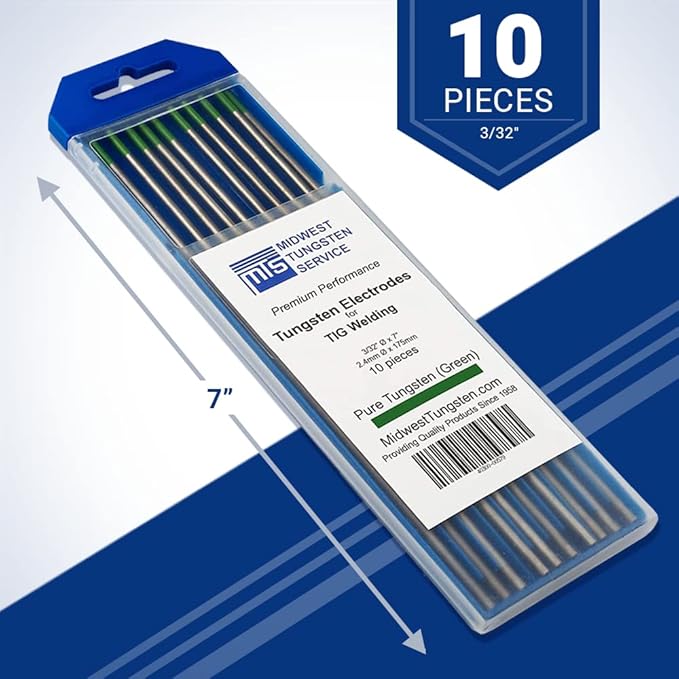 Midwest Tungsten Service TIG Welding Tungsten Electrodes 10-Pack (Green - Pure Tungsten (WP, EWP), 3/32")