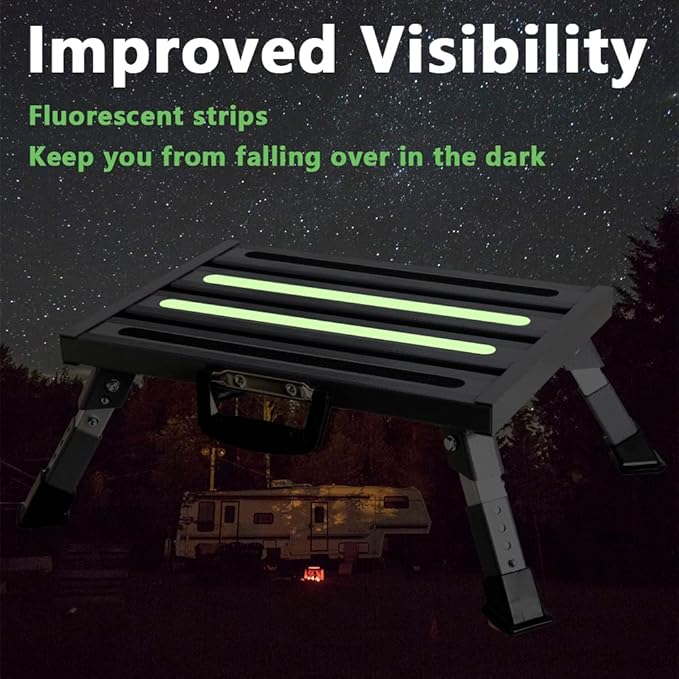 Aluminum RV Steps, 4-Level Adjustable Folding Step Stool with Non-Slip Rubber Feet, Non-Slip Fluorescent Strip Platform Rv Accessories, Supports Up to 1000 lbs - Gray