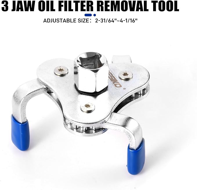 Universal Oil Filter Wrench 3 Jaw Adjustment Oil Filter Removal Tool (2-3/8" to 3-3/4") with 1/2" and 3/8" Square Drive Socket for Car Truck SUV Motorcycle Oil Filter Removal Tool