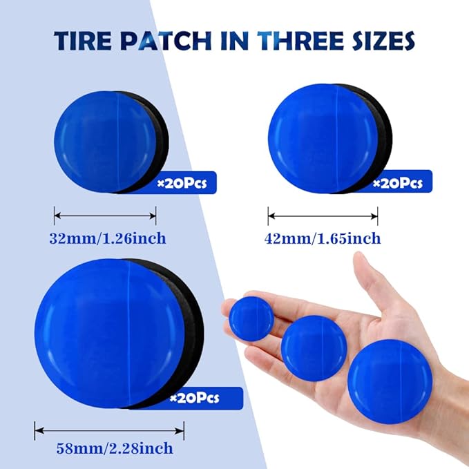 60 Pieces Tire Patch Kit 32 mm 42 mm 58 mm Tire Repair Kit with Tire Patch Roller Scraping Cutter Tire and Tube Patches Tire Repair Tools for Car Truck Motorcycle Bike Wheel