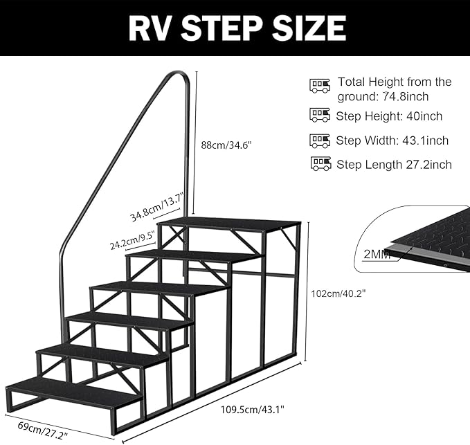 RV Steps with Handrails, 6 Step RV Stairs 660 lbs Load Capacity, Step Ladder with Anti-Slip Panel, Mobile Home Stairs for Travel Trailers Black