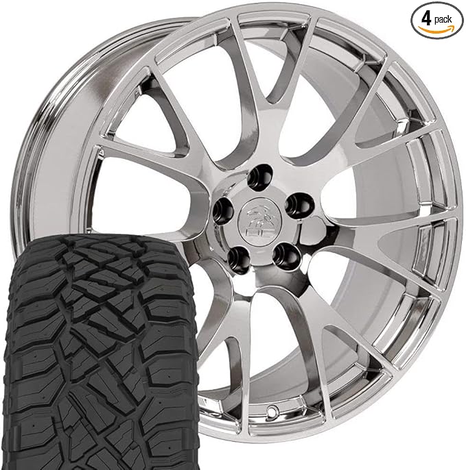 OE Wheels DG69 22 Inch Rims and Tires Fit Ram Hellcat Style 5x139.7 22x10 Chrome - TerraMax RT 33x12.50/22 (Set of 4)