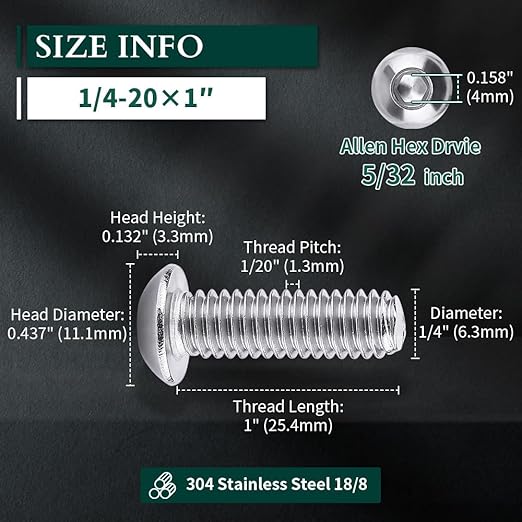 1/4-20 x 1 Button Head Socket Cap Bolts Screws, 304 Stainless Steel 18-8, Allen Hex Drive, Bright Finish, Fully Machine Thread, Pack of 50