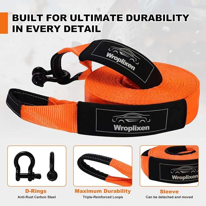 Double-Layer Heavy Duty Tow Strap with Hooks (3" x 20'), 66,000 lbs Breaking Strength - Includes 2 x 3/4" D-Rings, Off-Road Recovery Kit for Truck/SUV/ATV/RV