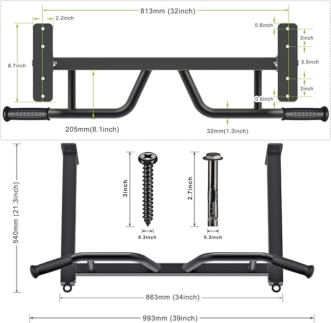 Kipika 32" Ceiling Mounted Pull Up Bar - Heavy Duty, Highly Adjustable, Multifunctional Chin Up Bar - Home Gym System with Punching Bag Hanger and Resistance Bands Training