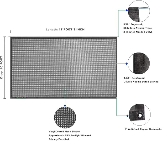 Tentproinc RV Awning Sun Shade Screen 10'X17'3'' (fit for 18' Awning) Mesh Sunshade Block RV Awning Front Sun Glary Motorhome Camping Trailer Awning UV Sunblocker - 3 Year Warranty (Black)