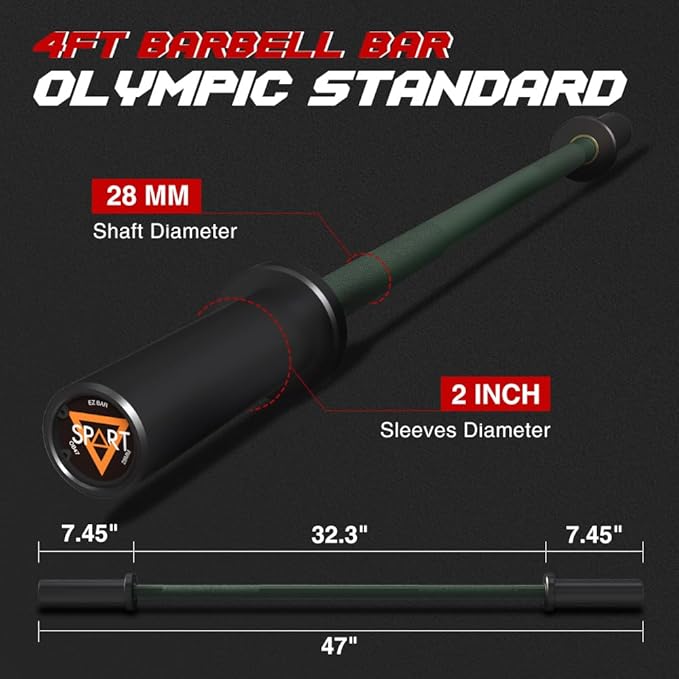 4FT Olympic Barbell Bar, 47Inch Straight Weight Bar with 2 Collars, Solid Olympic Bar with Bearings, 500Lbs Capacity Weightlifting Bar for Home Gym Strength Training, Suitable for 2 Inch Plates