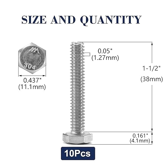 1/4-20 x 1-1/2" Hex Head Screw Bolt, 10Pcs 18-8 (304) Stainless Steel, Fully Threaded, Plain Finish, by SG TZH
