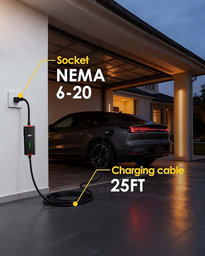 Portable Electric Vehicle Charger with 25FT Charging Cable, Compatible with Level 2 & 1 J1772 16A 120V 240V NEMA 6-20 Plug Indoor & Outdoor Car Charging Station
