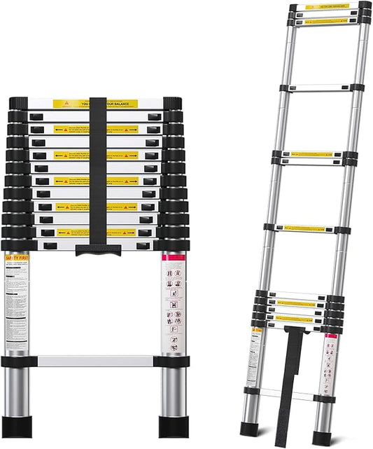 12.5FT Telescoping Ladder- Multi-Purpose Aluminum Extension Ladder Adjustable Compact Ladder for Household, RV, Outdoor, 330lbs Max Capacity