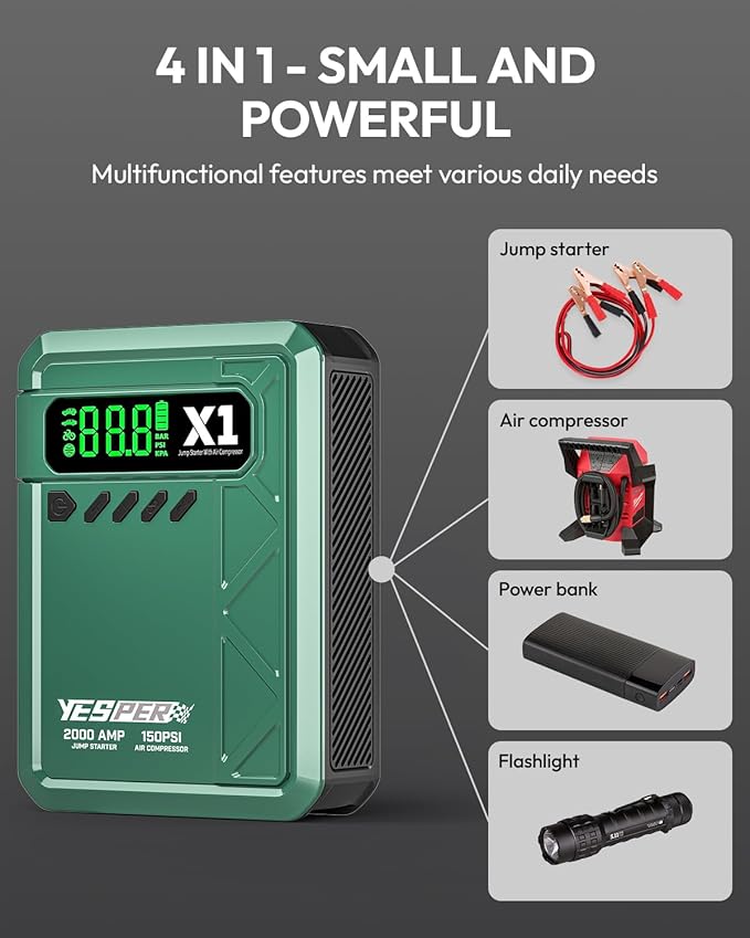 YESPER Jump Starter with Air Compressor 2000A 150PSI Battery Jumper Starter Portable(8L Gas/6L Diesel), 12V Car Jump Pack Battery Charger Jump Box with Jumper Cables, LCD Display, Lights