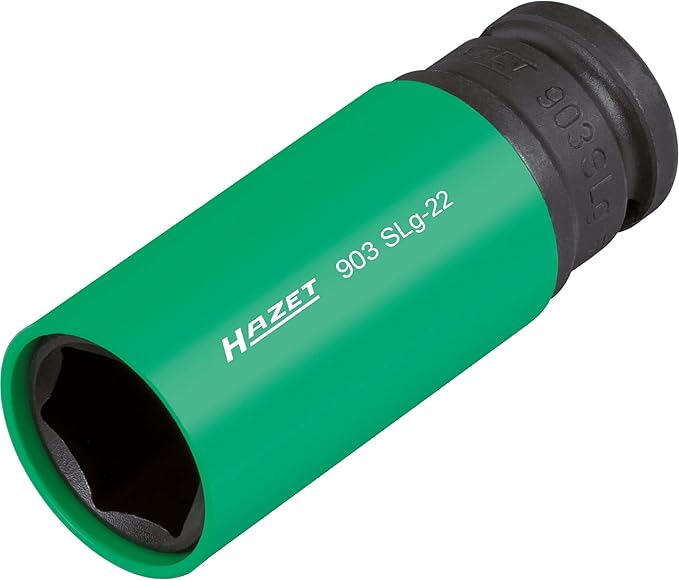 HAZET 903SLG-22 1/2 Inch Impact Socket, 22 Mm AF, External Hexagonal Traction Profile, For Aluminum Rims, Color-Coded Plastic Sleeve Green