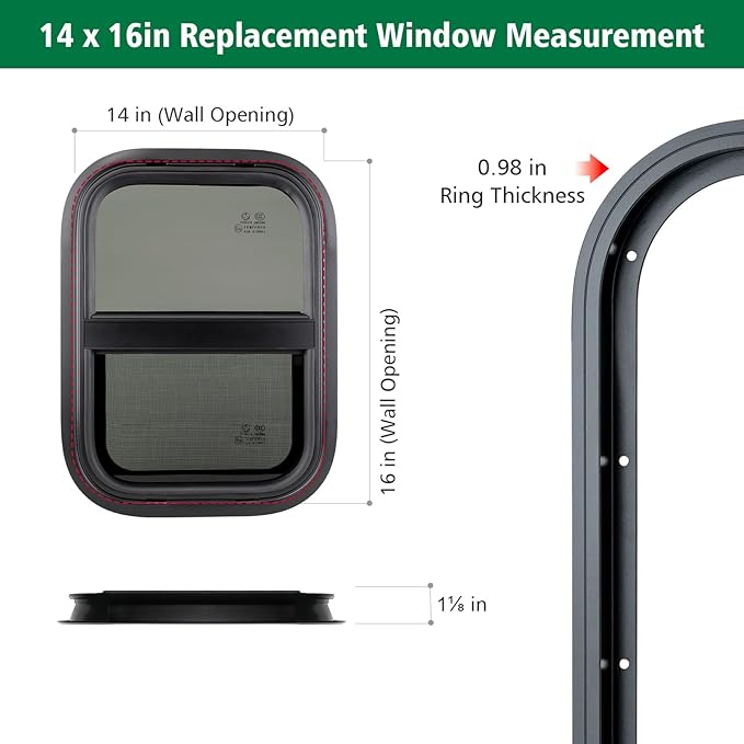 Dulepax Vertical RV Window, 14" W x 16" H Tinted Slide Trailer Window, Tempered Glass Camper Window Replacement with Net Screen and Trim Ring, DOT Approved