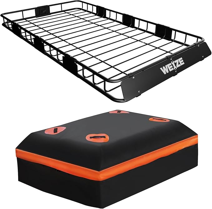 WEIZE Heavy Duty 64"x 39" Roof Rack, Rooftop Cargo Carrier Basket with Waterproof Bag, Tie Down Strap & Net, Car Top Luggage Holder for SUV, 200lb Capacity, Steel Construction
