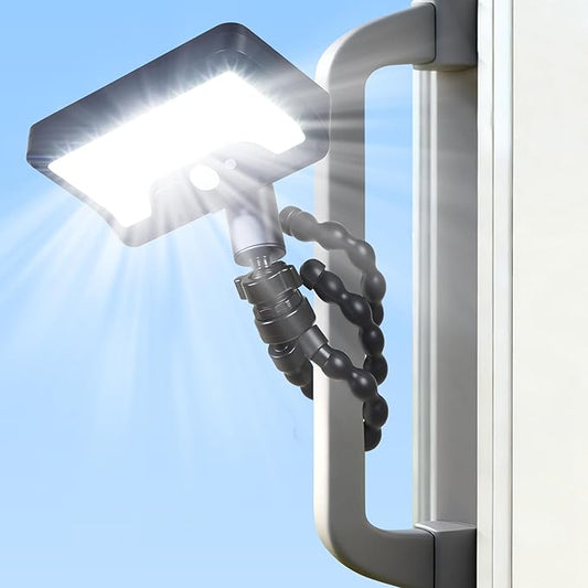 LUHLEE Solar Motion Lights Outdoor, 600LM RV Outdoor Lights with Flexible Tripod,USB & Solar Dual Charging, Motion Sensor RV Exterior Llight for Camper, Motorhome, Trailer, Camping Tent (1 Pack)