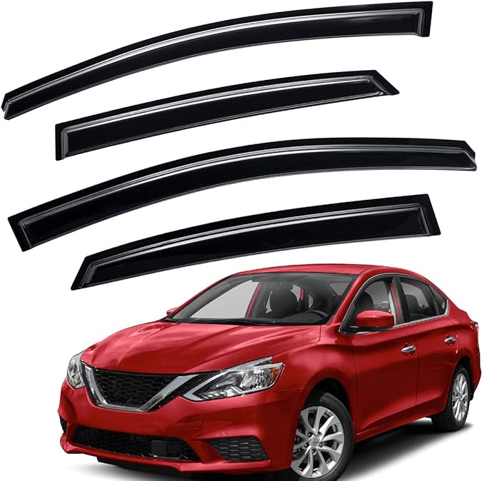 Lightronic Extra Durable Outside-Mount Auto Vent Window Visor, Fits 2013-2019 Nissan Sentra, UV Protection Rain Guard, Original Wind Deflector, No-Drill Easy Install, Dark Smoke, 4-Pcs