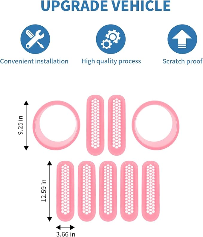 for Jeep JK Front Grille Inserts & Headlight Cover Trim Ring for Jeep Wrangler JK JKU 2007-2017 Pink Exterior Accessories 9pcs