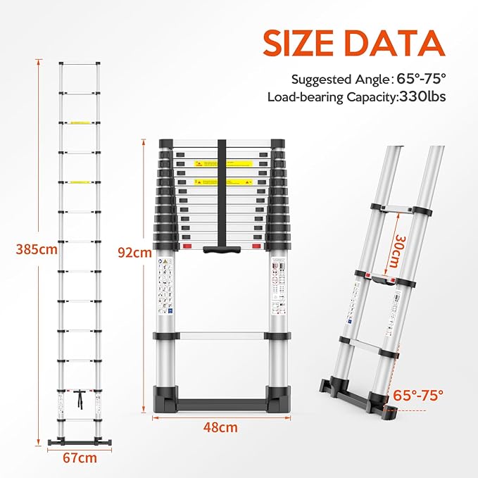 12.5FT Telescoping Ladder, Collapsible Ladder with Bottom Stabilizers, Slow Descent, One-Click Retraction to Protect Finger，Suitable for RV or Outdoor Work
