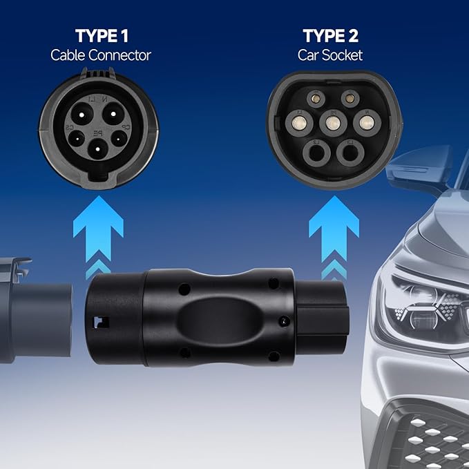 EV Charger Connector Type 1 to Type 2 Adapter Fit for Tesla Model Y, 3, S, X, Compatible with Electric Vehicle Charging Adapter SAE j1772 to IEC62196