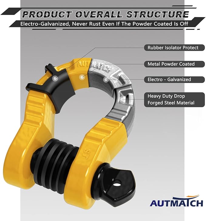 AUTMATCH D Ring Shackles 3/4" Mega Shackle (2 Pack) 68,000Ibs Break Strength - Heavy Duty Clevis Shackles with 7/8" Screw Pin and Isolator Washer for Tow Strap Winch Off Road Vehicle Recovery, Yellow