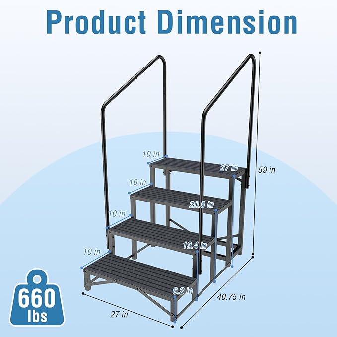RV Steps with Handrail, 4 Steps RV Stair, Mobile Home Stairs for Camper, Trailer, hot tub, Steps with Non-Slip mat, 660lbs Capacity