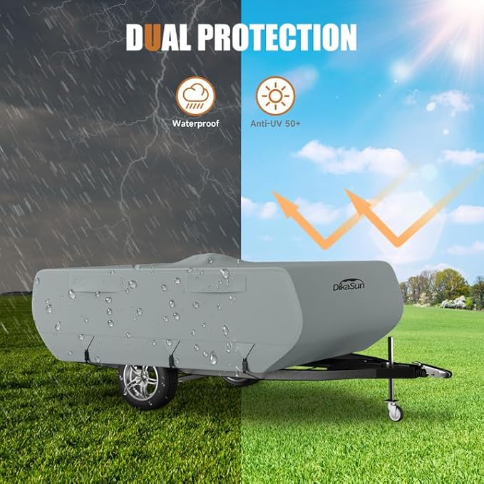 Pop Up Camper Cover 10'-12', 7 Layers Waterproof Pop-up Tent Trailer Cover Anti-UV Folding Camper RV Cover for Motor Home